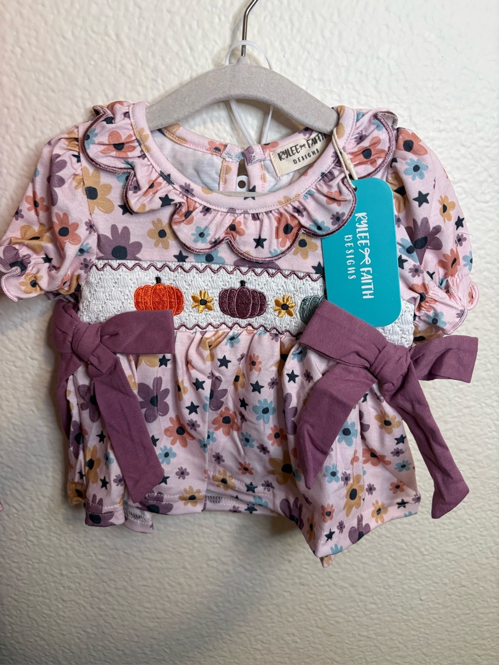 Pink Floral Smocked Kids Matching Top with Purple Bows